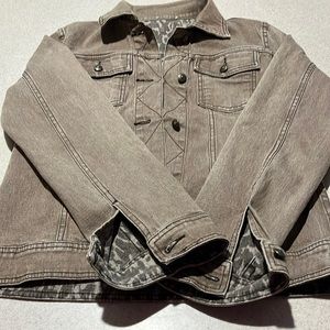 True brown reversible stretch denim jacket.